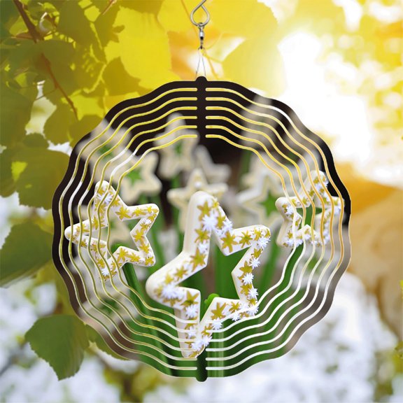 Metal Hanging Wind Spinners with Concentric White Lines & Star Design - Decorative Wind Chimes for Yard & Garden