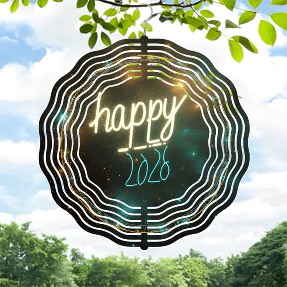 Metal Hanging Wind Spinners with Cosmic Concentric Wave Design - Cursive ' Happy ' & ' 2026 ' - Perfect for Yard & Garden Decor