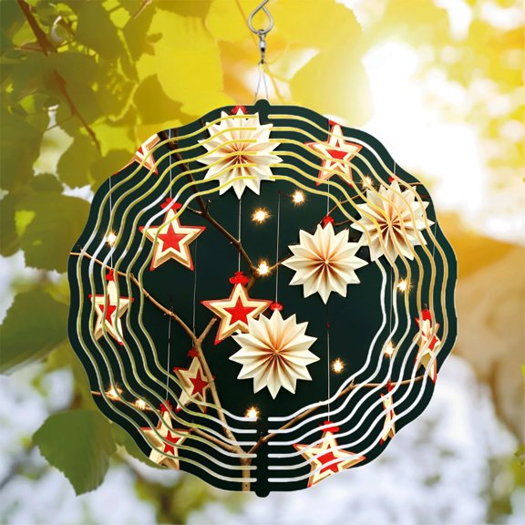 Metal Hanging Wind Spinners with Cream and Red Star Design - Festive Garden Wind Chimes for Holiday Decor Circular Pattern