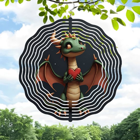 Metal Hanging Wind Spinners with Dragon Design - Green Scales Orange Horns Heart Detail - Perfect for Yard & Garden Decor