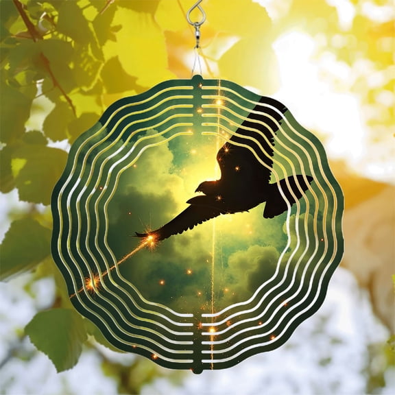 Metal Hanging Wind Spinners with Dynamic Circular Patterns - Illuminated Bird in Design for Yard and Garden Decor