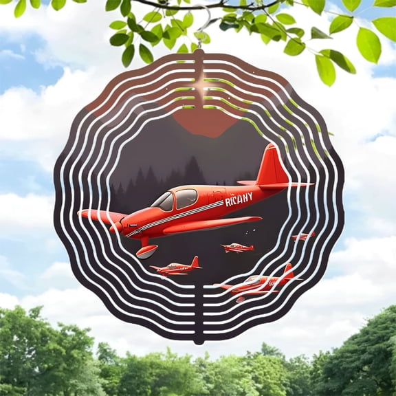 Metal Hanging Wind Spinners with Dynamic Red Airplane Design - Serene Landscape & Concentric Waves for Yard & Garden Decor