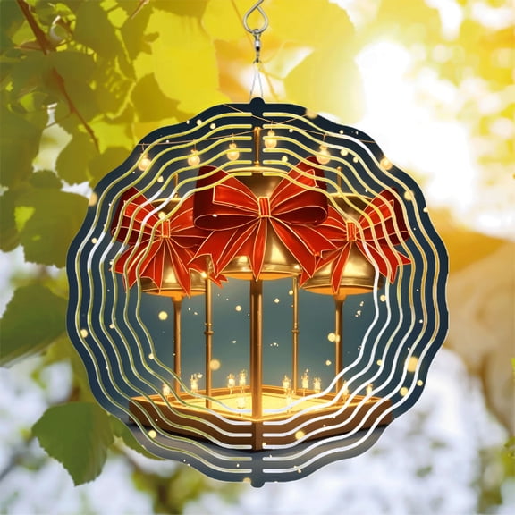 Metal Hanging Wind Spinners with Festive Carousel Design - Elegant Red Ribbons Golden Lights Perfect for Yard & Garden Decor
