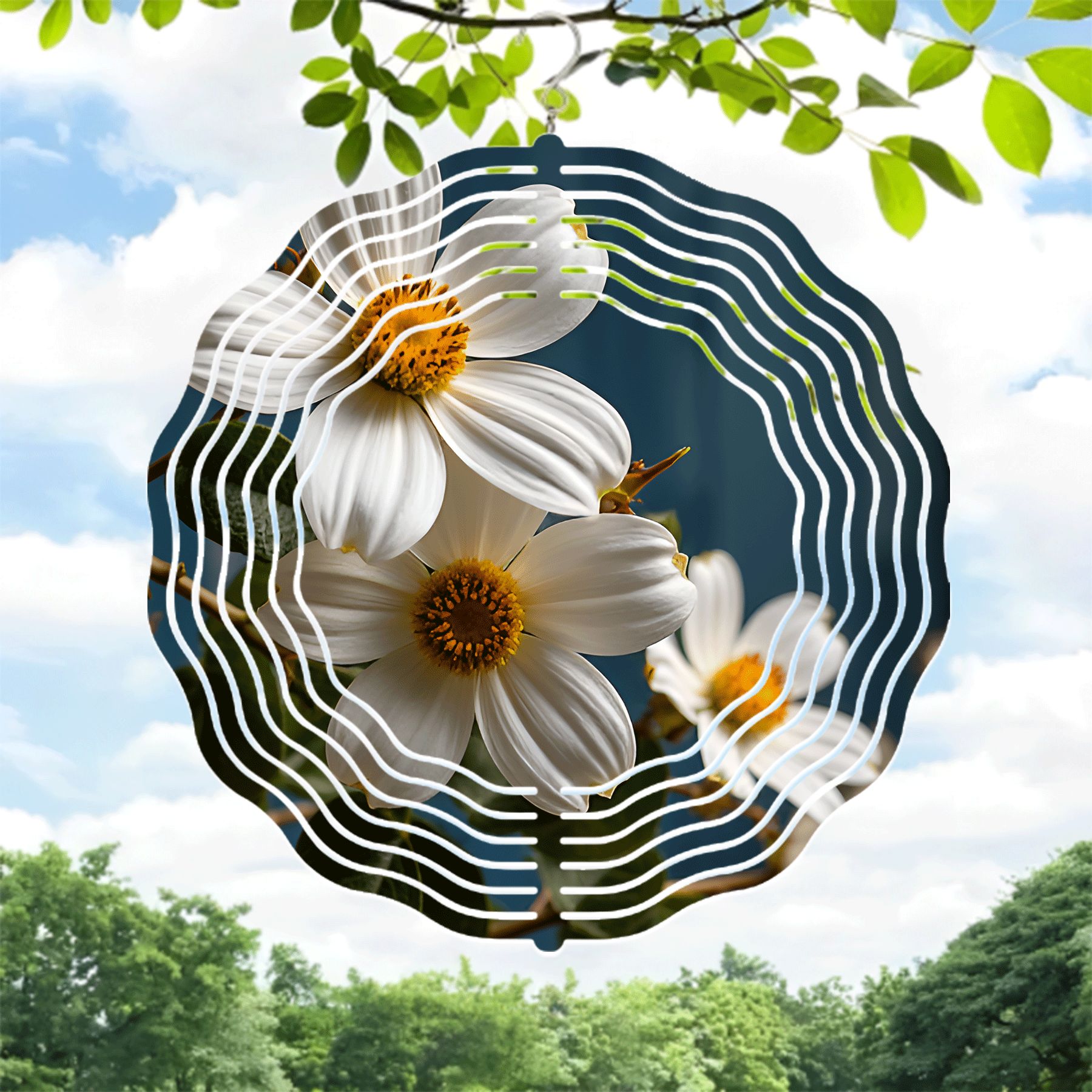 Metal Hanging Wind Spinners with Floral Design - Elegant White Flowers ...