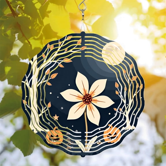 Metal Hanging Wind Spinners with Full Moon Flower & Pumpkin Design - Decorative Wind Chimes for Yard & Garden Autumn Theme