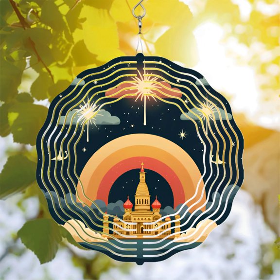 Metal Hanging Wind Spinners with Golden Castle & Rainbow Design - Celestial Wind Chimes for Yard & Garden Decor