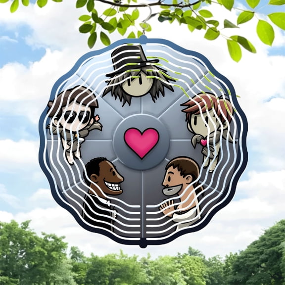 Metal Hanging Wind Spinners with Heart Design - Colorful Cartoon Characters & Radiating Waves for Yard and Garden Decor