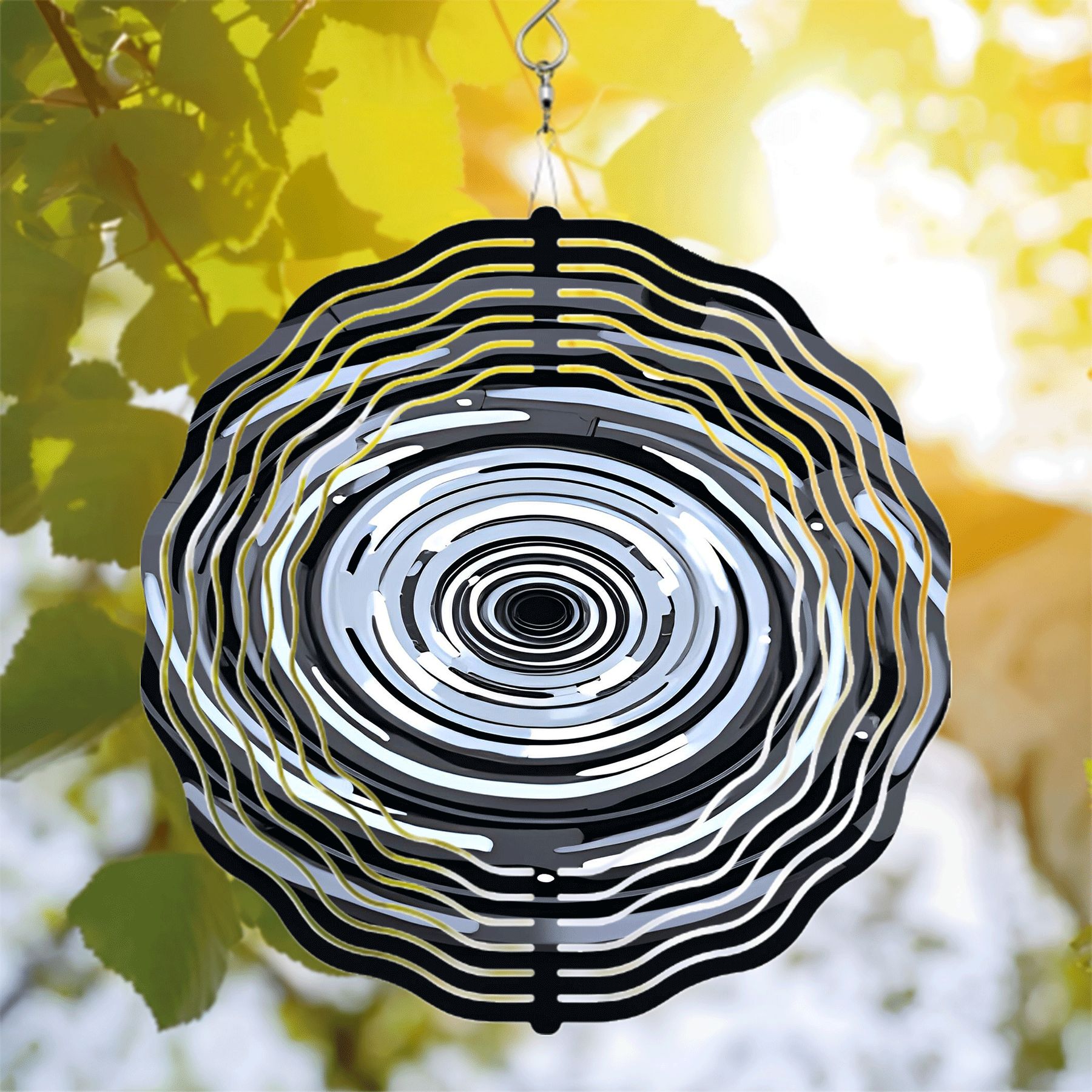 Invincible Wind Rings Metal Hanging Wind Spinners with Hypnotic Concentric Black and White ...