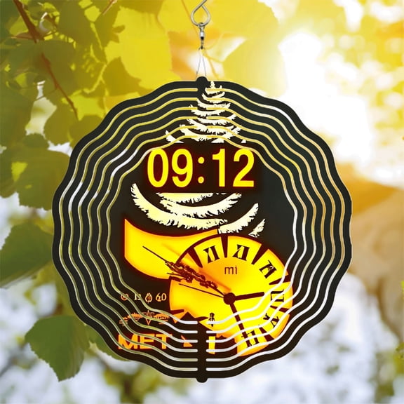 Metal Hanging Wind Spinners with Hypnotic Concentric Waves Stylized Tree and Bright Yellow Clock Design for Yard and Garden Decor