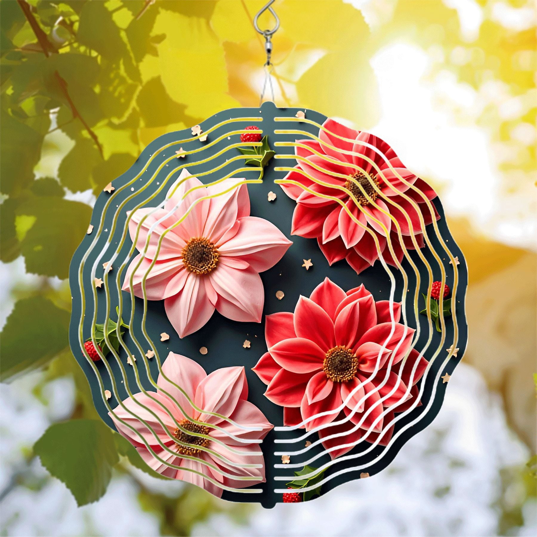 Metal Hanging Wind Spinners with Intricate Pink Flower Design and ...