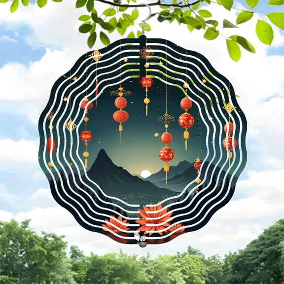 Metal Hanging Wind Spinners with Lantern Design - Concentric Circular Pattern Festive Night Scene Perfect for Yard & Garden Decor