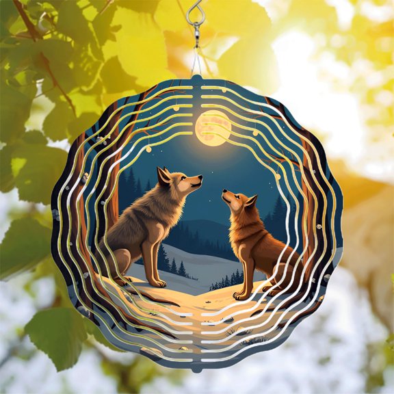 Metal Hanging Wind Spinners with Mandala Design - Serene Wolves in Snowy Landscape - Perfect for Yard and Garden Decor