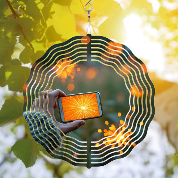 Metal Hanging Wind Spinners with Orange Burst Pattern - Futuristic Wind Chimes for Yard & Garden Decor Dynamic Bokeh Effect