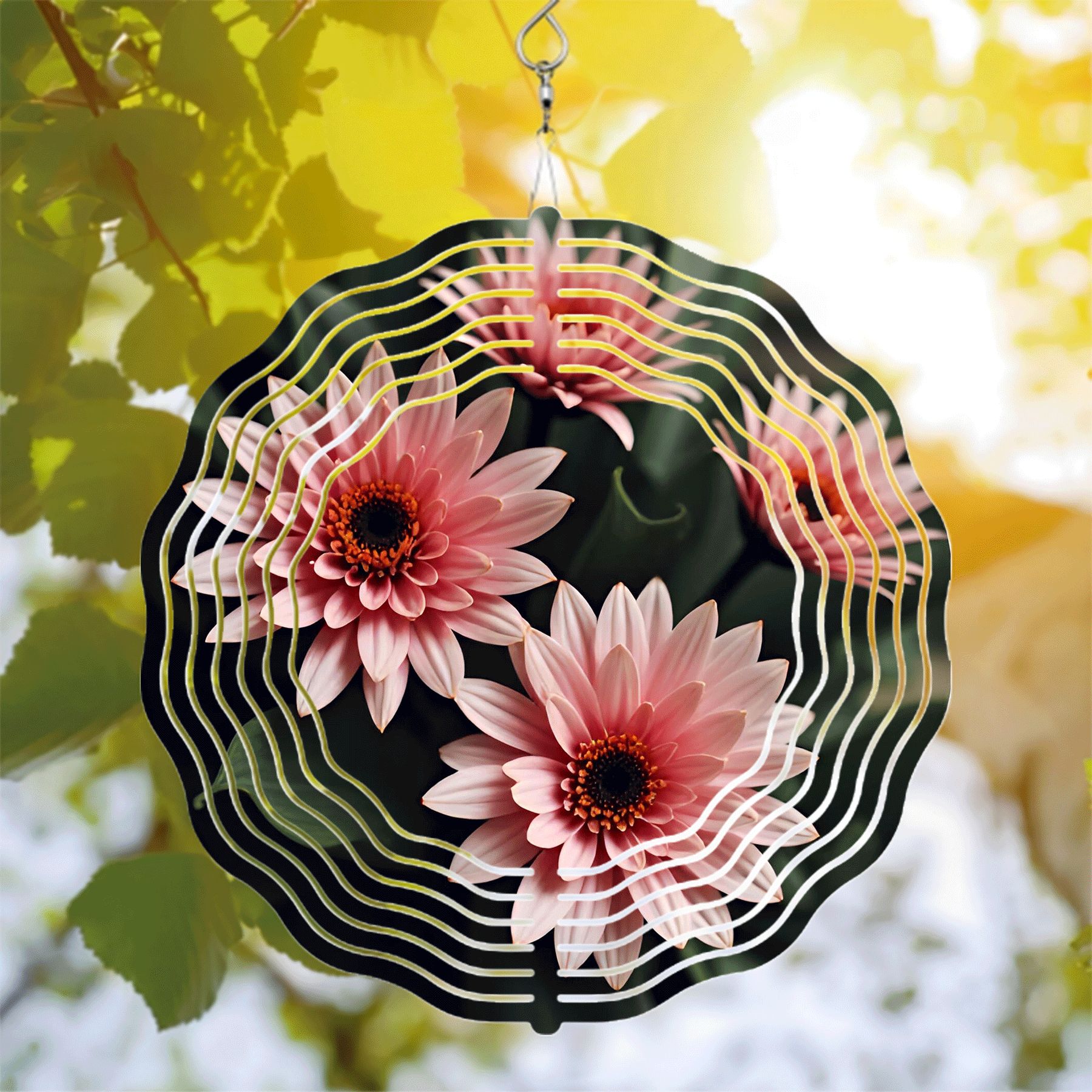 Metal Hanging Wind Spinners with Pink Flower Design and Concentric ...