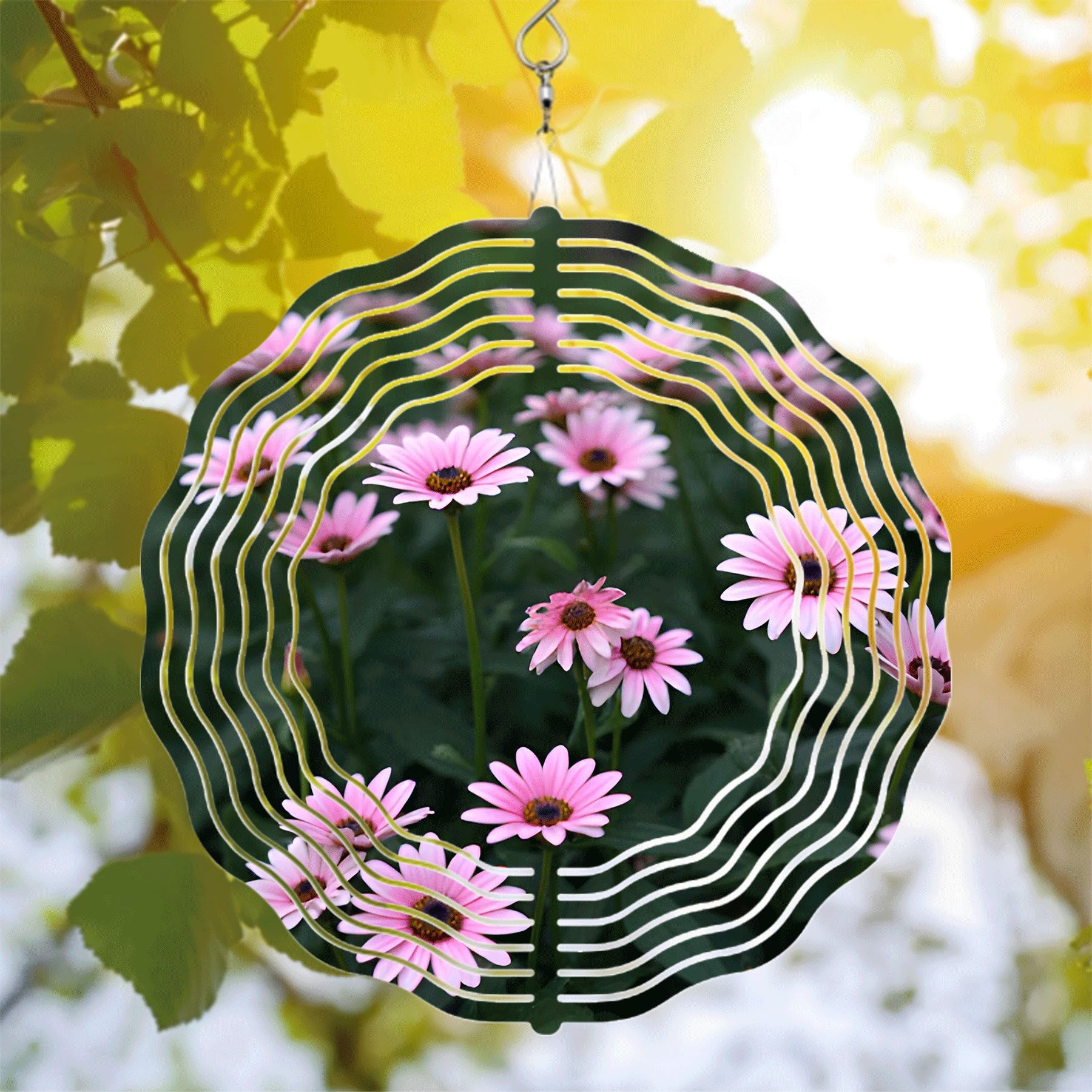 Metal Hanging Wind Spinners with Pink Flower Design and Green Foliage ...
