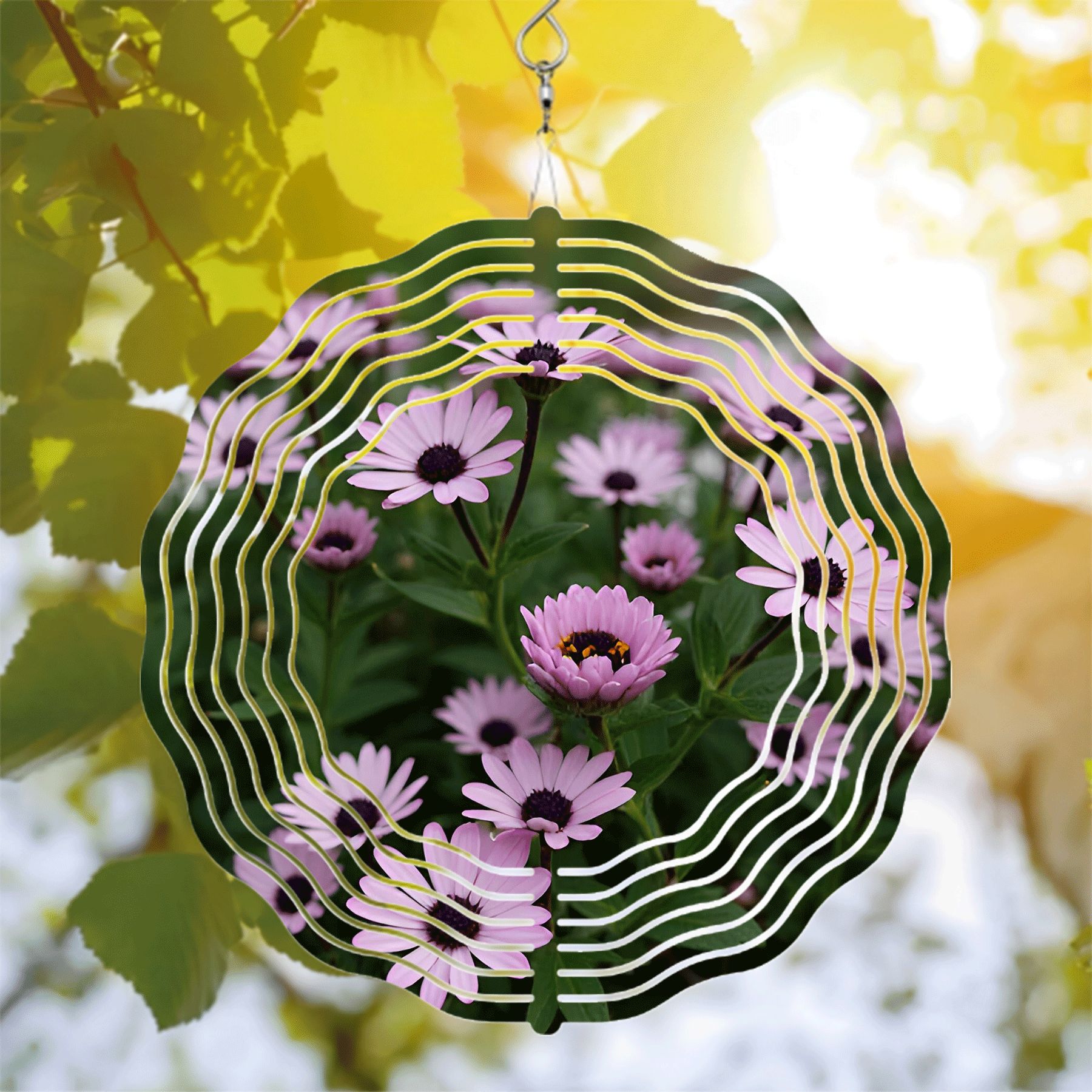 Metal Hanging Wind Spinners with Pink Flower Design and Green Foliage ...