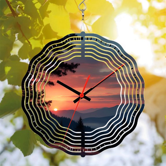 Metal Hanging Wind Spinners with Scenic Sunset Design - Concentric Ripples Pine Trees & Red Clock Hands for Yard & Garden Decor