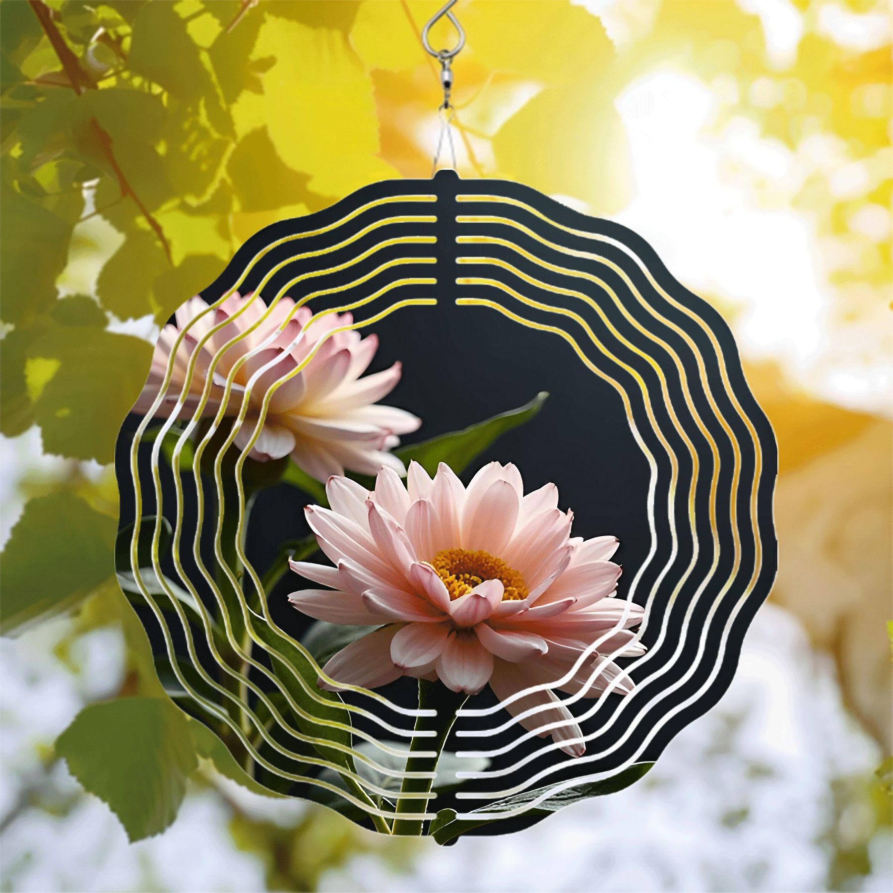 Metal Hanging Wind Spinners with Serene Pink Flower Design and Circular ...