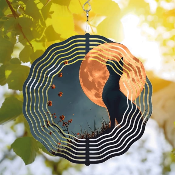 Metal Hanging Wind Spinners with Serene Wolf and Moon Design - Elegant Yard and Garden Decor for Tranquil Outdoor Spaces