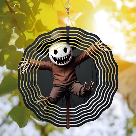 Metal Hanging Wind Spinners with Skull Scarecrow Design - Unique Wave Pattern Wind Chimes for Yard and Garden Decor
