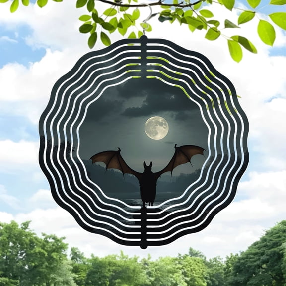 Metal Hanging Wind Spinners with Sound Wave Patterns - Unique Bat Silhouette Design for Yard and Garden Decor Night Sky Charm
