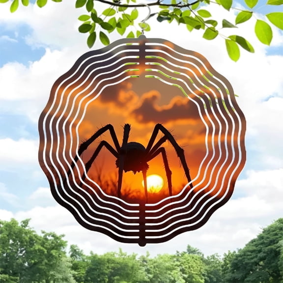 Metal Hanging Wind Spinners with Spider Web Design - Elegant Yard & Garden Wind Chimes Beautiful Sunset Silhouette Decor