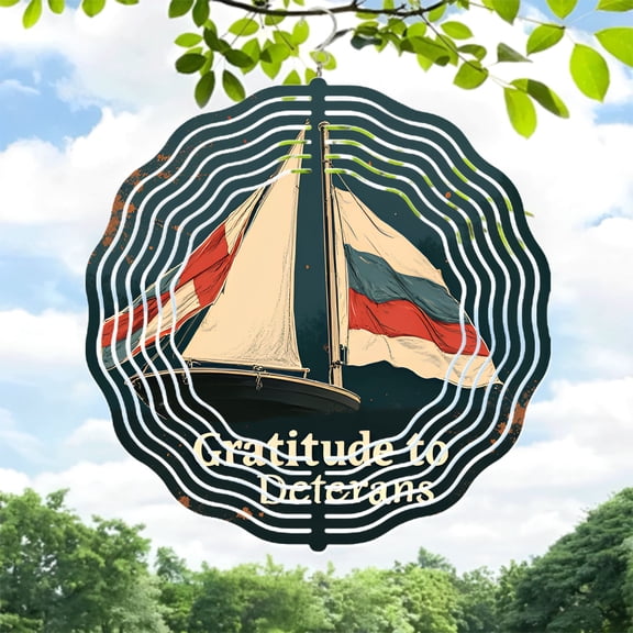 Metal Hanging Wind Spinners with Starry Night Sailboat Design - Striped Flag & Concentric Circles for Yard & Garden Decor