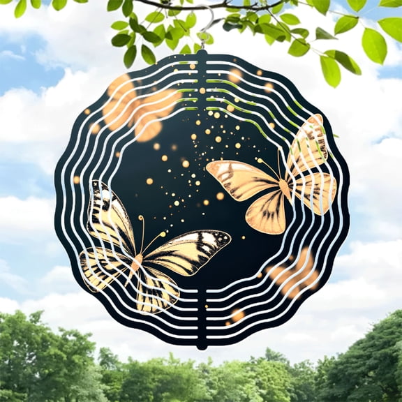 Metal Hanging Wind Spinners with Striped Butterfly Design & Glowing Orbs - Elegant Yard & Garden Decor for Movement & Harmony