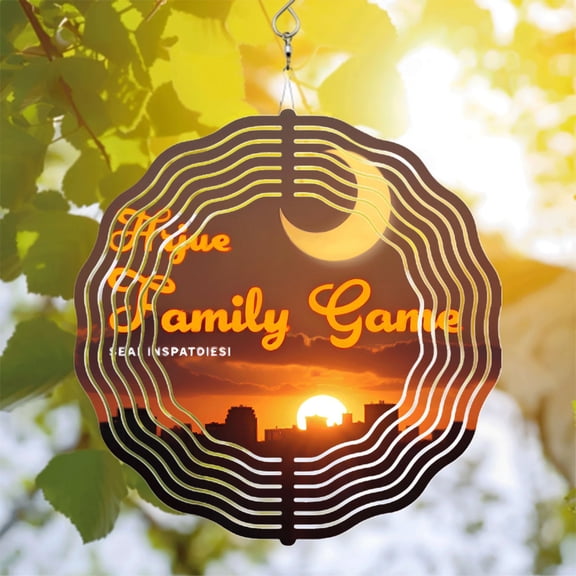 Metal Hanging Wind Spinners with Sunset City Skyline Design - Decorative Wind Chimes for Yard & Garden