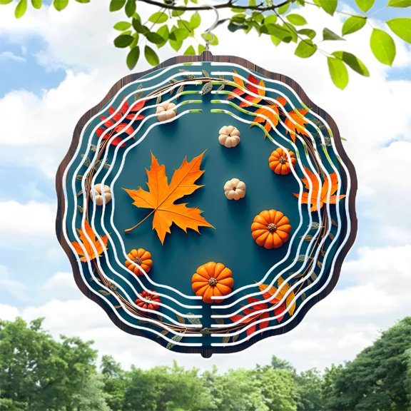 Metal Hanging Wind Spinners with Teal Background Orange Leaf & Autumn Leaves Design - Perfect for Yard & Garden Decor