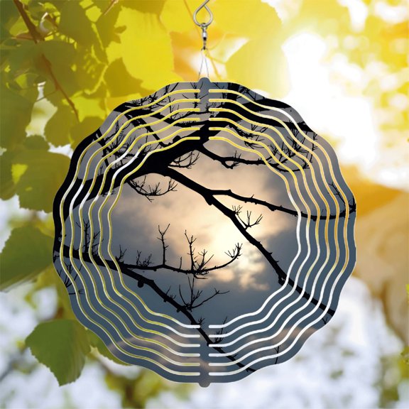 Metal Hanging Wind Spinners with Tree Bark Pattern & Silhouetted Branches - Serene Wind Chimes for Yard & Garden Decor
