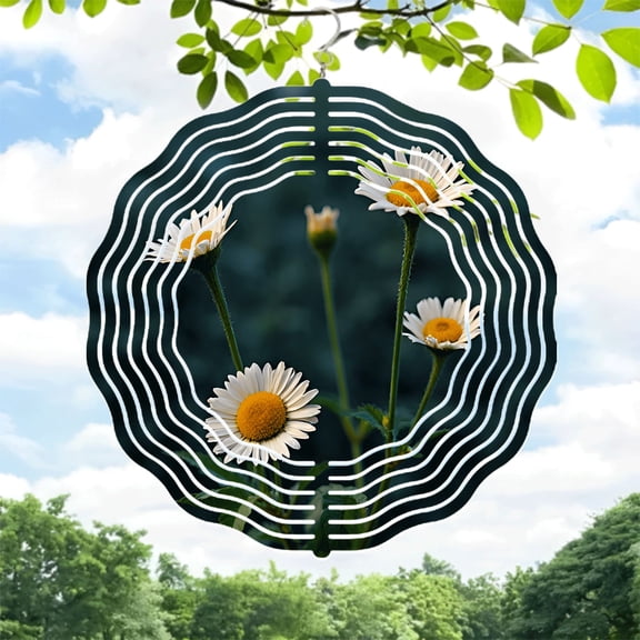Metal Hanging Wind Spinners with Wave - Like Pattern Design - Beautiful Daisies & Concentric Lines for Yard and Garden Decor