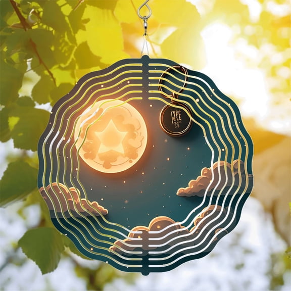 Metal Hanging Wind Spinners with Wave - Like Pattern Design Glowing Moon & Stars Perfect for Yard and Garden Decor