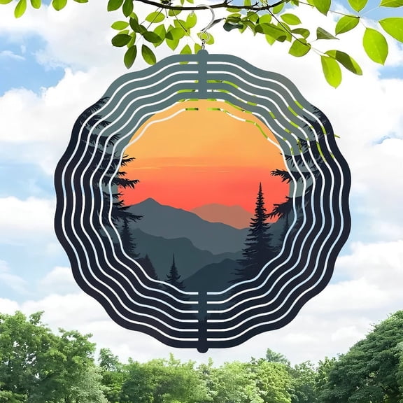 Metal Hanging Wind Spinners with Wave - Like Pattern Design - Scenic Mountain & Sunset Chimes for Yard and Garden Decor