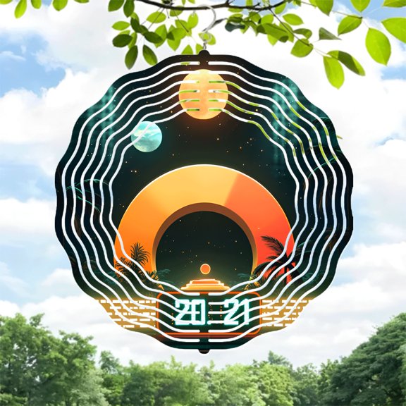 Metal Hanging Wind Spinners with Wave - Like Pattern Orange Sun Design Perfect for Yard and Garden Decor