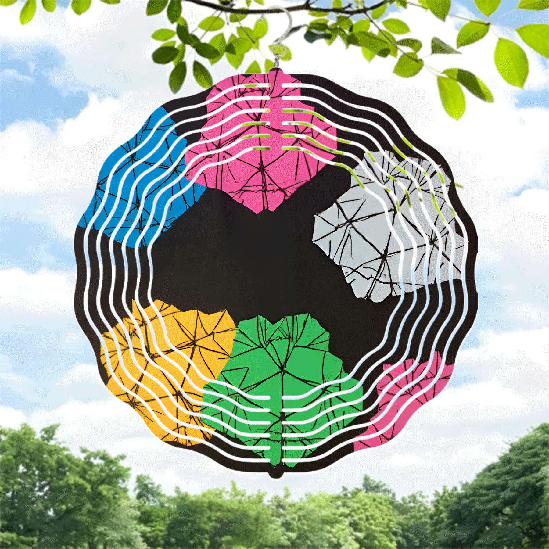 Tree Ranch Patterns Metal Hanging Wind Spinners with Wavy Concentric Circle Design Colorful ...
