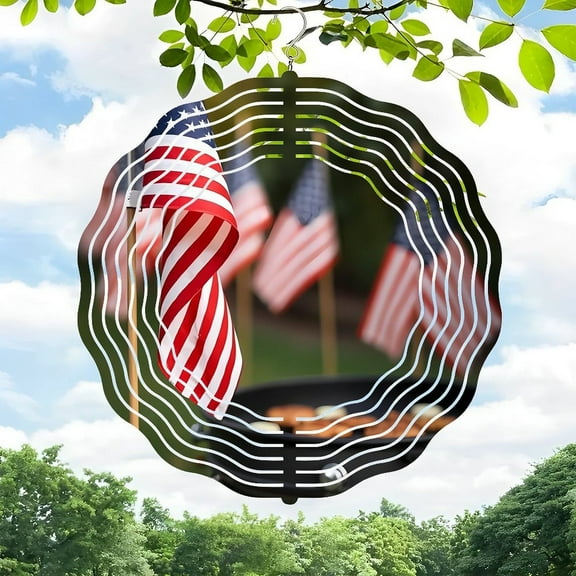Metal Hanging Wind Spinners with Wavy Pattern Design - Beautiful American Flag Display for Yard and Garden Decor