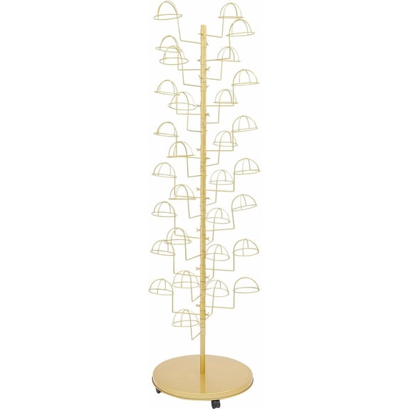Metal Hat Display Stand with 30 Hooks, Freestanding Hat Rack Stand, Rotating Hat Storage Rack with Wheels, Adjustable Organizer for Caps, Wigs, Baseball Hats, Retail & Home Use (Golden, 30 Hooks)