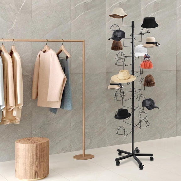 Metal Hat Display Stand, Freestanding Rack with 25 Hooks, Adjustable Cap Organizer, Floor Standing Hat Storage Rack with Wheels for Hats, Caps, Wigs