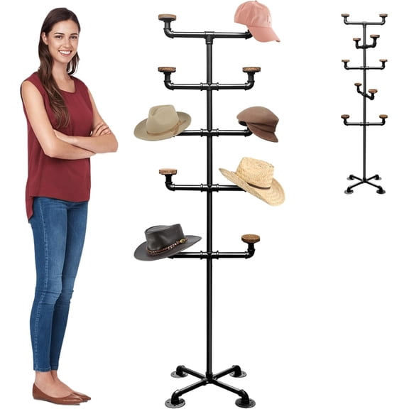 Metal Hat Rack Stand with 10 Hooks and Pipework Design Black