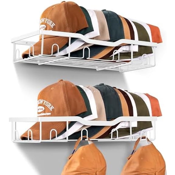 Metal Hat Racks for Baseball Caps Wall Hat Organizer Fit 20 Caps Holder, 2 Packs Sturdy Wall Mounted Hat Storage Organizer, White