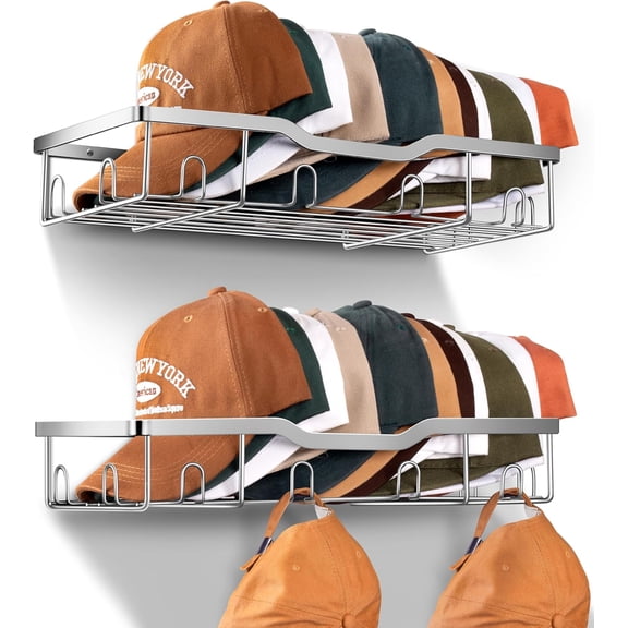 Metal Hat Racks for Baseball Caps Wall Hat Organizer Fit 48 Caps Holder, 2 Packs Sturdy Wall Mounted Snapback Storage Organizer, Silver