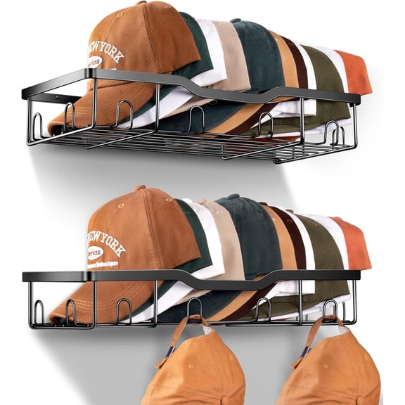 Metal Hat Racks for Baseball Caps Wall Organizer Fit 48 Holder, 2 Packs Sturdy Mounted Storage Organizer, Black, Patent: US D1,041,201 S