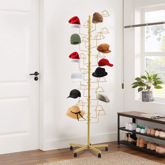 Metal Hats Display Stand, Hat Storage Stand with 25 Hooks, Freestanding Hat Rack