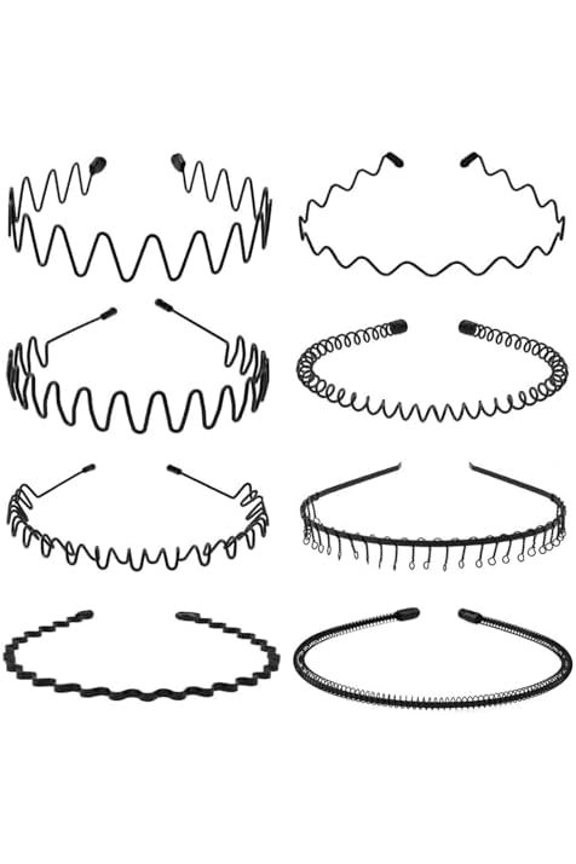 Metal Headband for Men, Unisex Black Wavy Spring Hair Band, Zig Zag  Band, Fashion Elastic Hair Accessories, Multipack Options (8pcs)