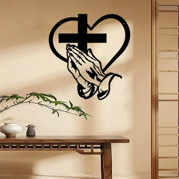 Metal Heart Cross Wall Decor,Unique Cross Decorative Wall Art,Metal Christian Heart and Cross Wall Art Decorative Metal Cross with Praying Hands,Rustic Iron Sculpture for Home & Outdoor Wall Decor