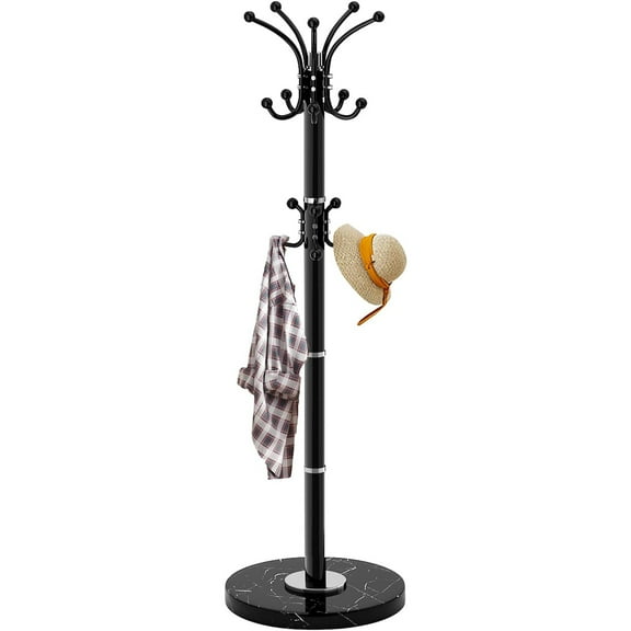 Metal Heavy Duty Coat Rack Stand, Modern Freestanding Coat Rack with Natural Marble Base, 360 Roraty Coat Racks with 16 Hooks, Black Coat Hall Tree Hanger Stand for Entryway, Office