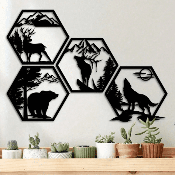 Metal Hexagon Forest Wildlife Wall Decor Set, Deer Wolf Bear Silhouette Iron Wall Hanging, Nature Theme Home Decoration