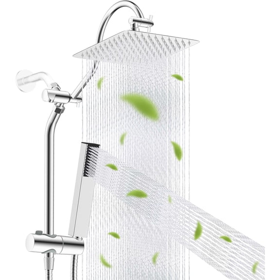 All Metal High Pressure 10'' Rainfall Shower Head, Showerhead Combo with 4-mode Handheld Spray, 12'' Adjustable Extension Arm, Extension Bar, Easy Reach Holder, 71'' Hose, Chrome