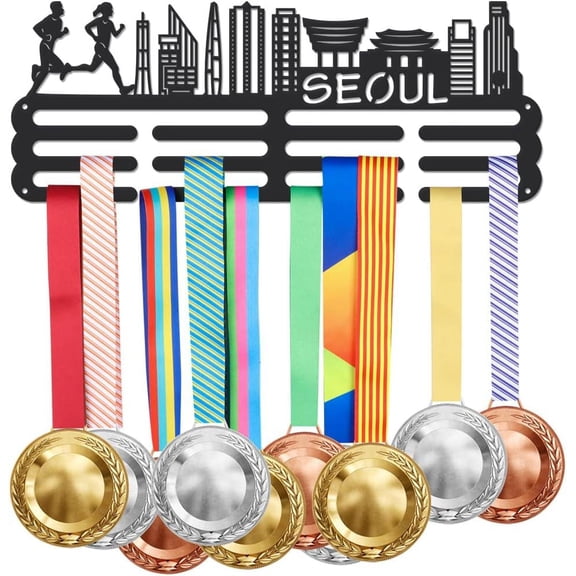 Metal Hook Run Seoul Cityscape Hanger Rack Frame for Over 60 Medals Running Metal Medal Hanger and Ribbon Display Holder Rack Exercise Medal Hanger Display with Easy Hanging